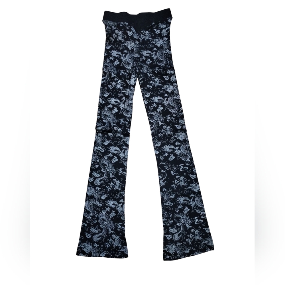 Vtg 90s Ice Blue Dragon Leggings XS Flare Elastic Waist Cotton Black 24W/31In